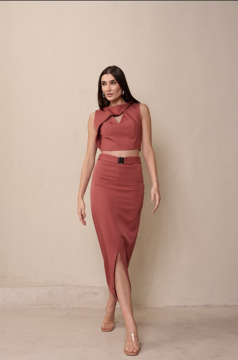 Saia Midi Helena Rosa Queimado