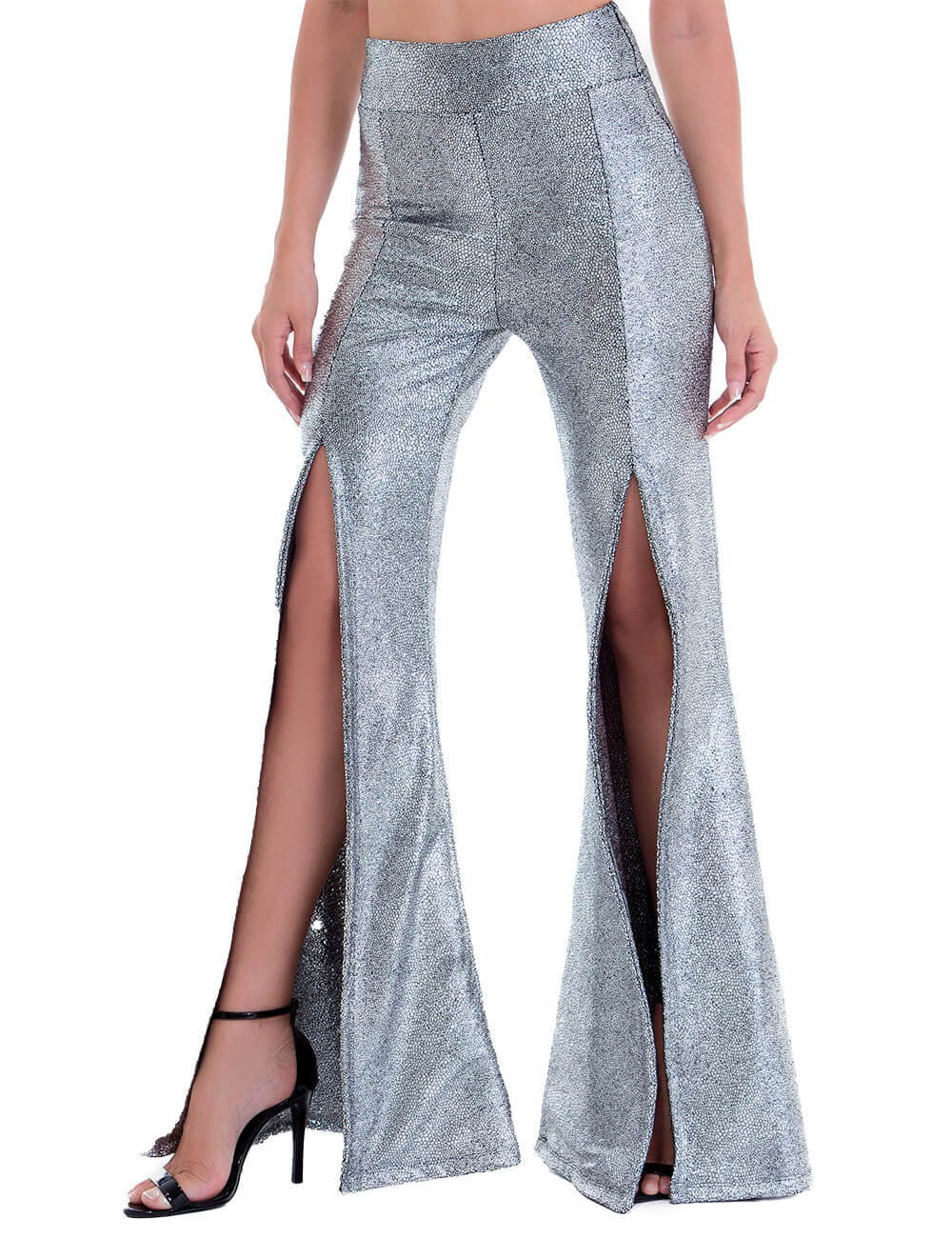 Calça Flare Fenda Prata